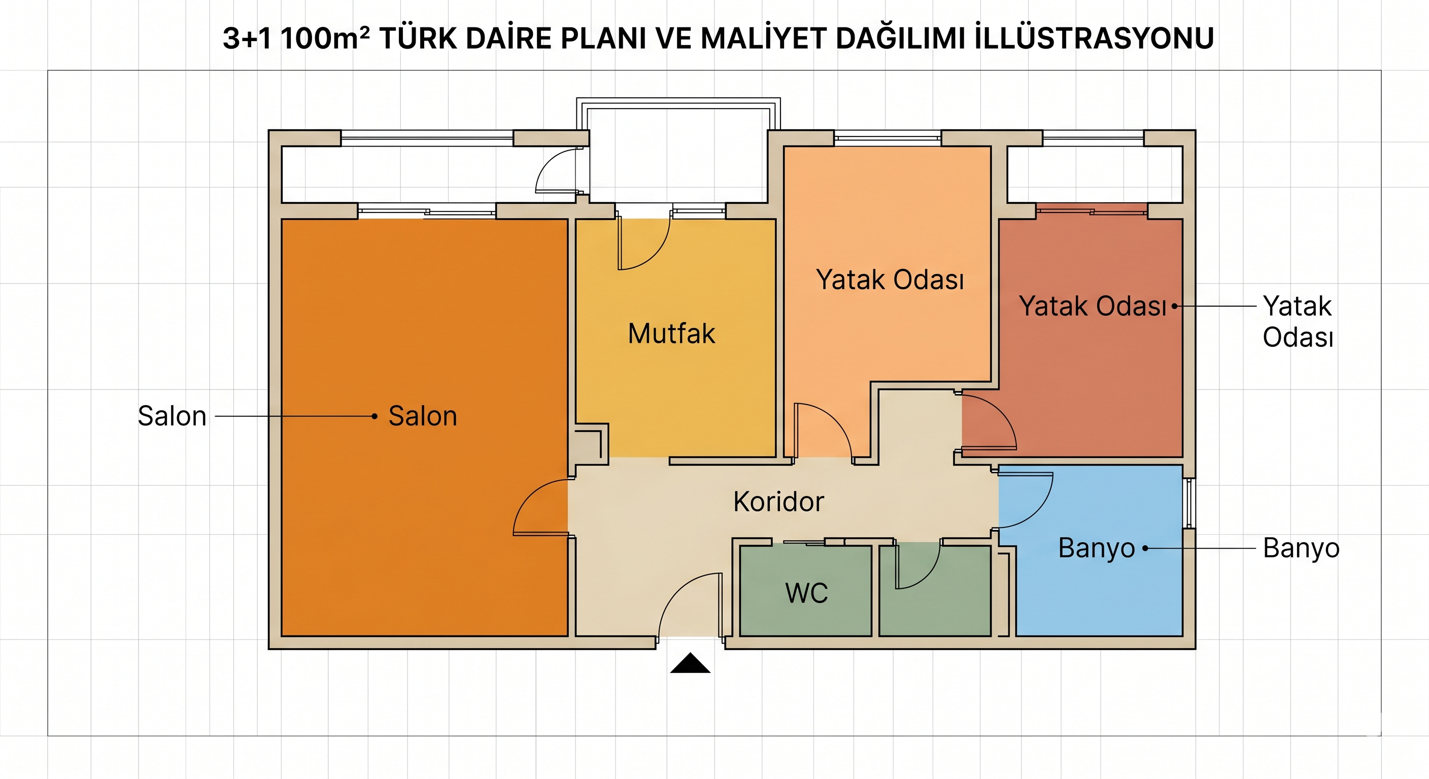 3+1 100m2 Turk daire plani maliyet dagilimi salon mutfak banyo WC