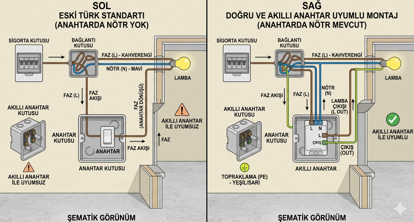 Elektrik tesisat şeması — faz ve nötr kablo farkı, akıllı anahtar bağlantısı ve nötr eksikliği sorun analizi