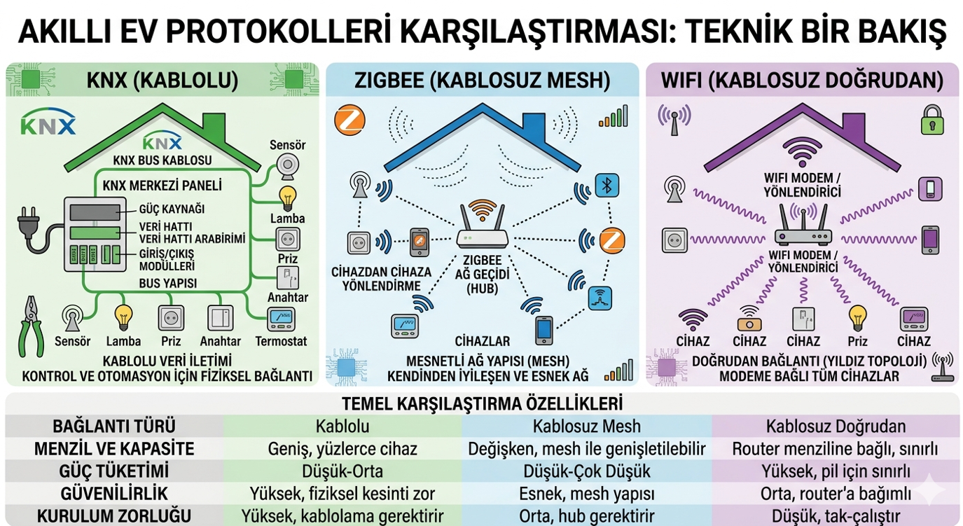 Akıllı ev protokol karşılaştırması — KNX kablolu altyapı, Zigbee mesh ağı ve Wi-Fi doğrudan bağlantı farkı teknik diyagram