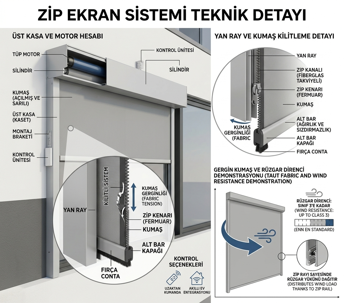 Motorlu zip perde sistemi — zip track yan ray mekanizması ve rüzgar dirençli kumaş gerilimi detayı