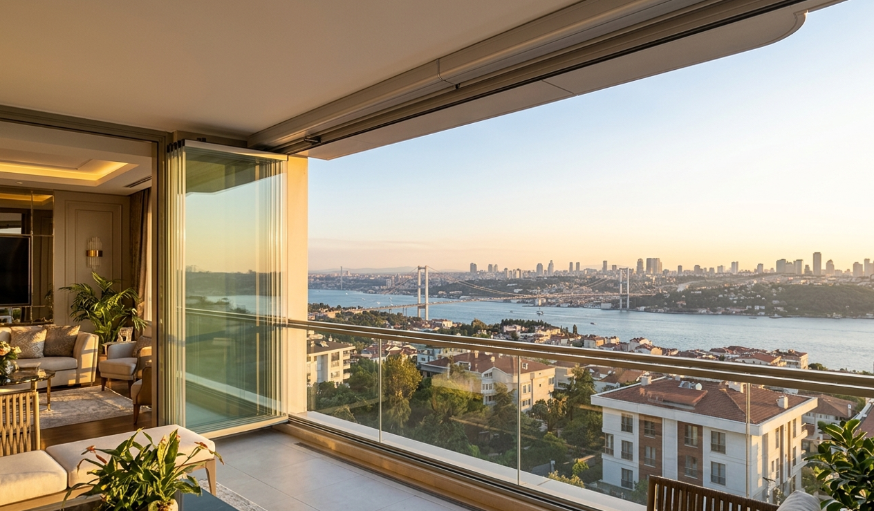 Motorlu giyotin cam balkon sistemi — cam küpeşte, çerçevesiz görünüm, restoran uygulaması