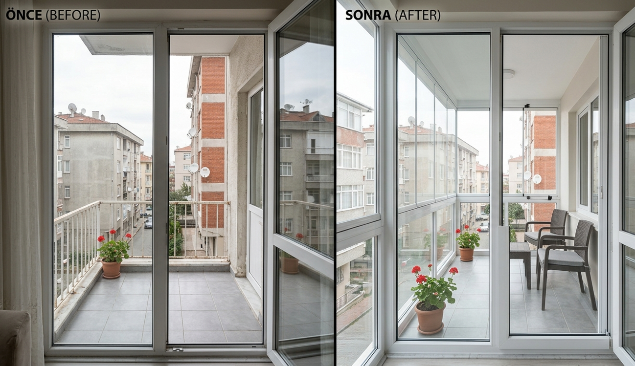Cam balkon kapatma öncesi ve sonrası — İstanbul daire balkonu, ısıcamlı sistem montajı