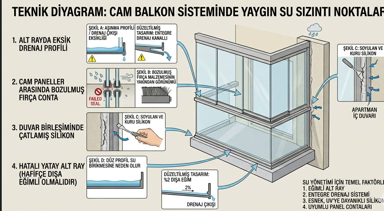 Cam balkon su sızdırma noktaları — tahliye profili, fitil ve silikon detayı teknik çizim