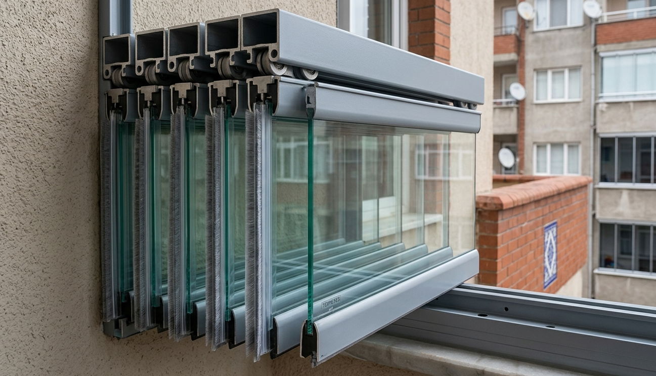 Tek cam katlanır cam balkon sistemi — 8mm temperli cam, alüminyum profil detayı