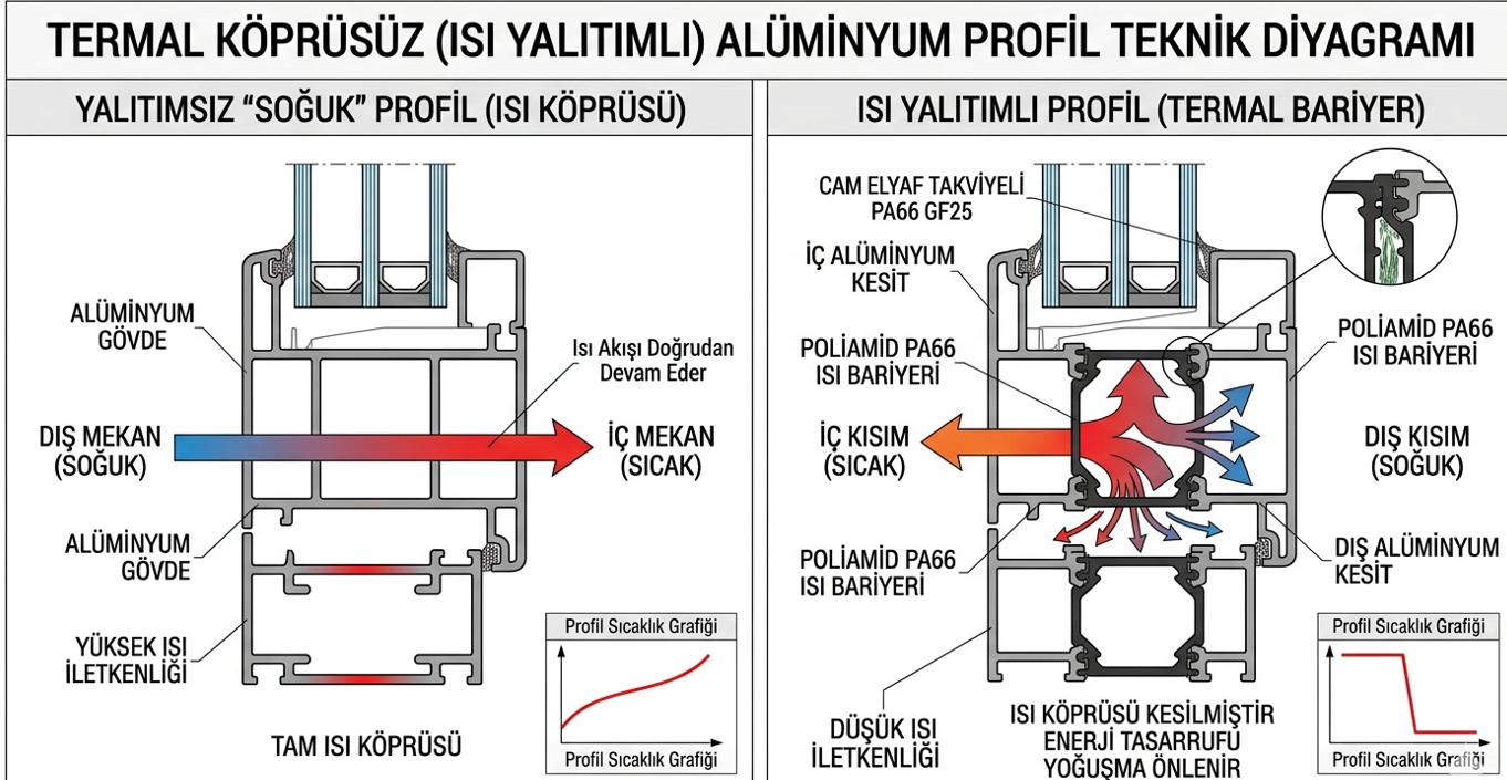 Alüminyum thermal break profil kesiti — dış alüminyum, poliamid yalıtım bariyeri ve iç alüminyum bölümleri ile ısı akışının kesilmesi