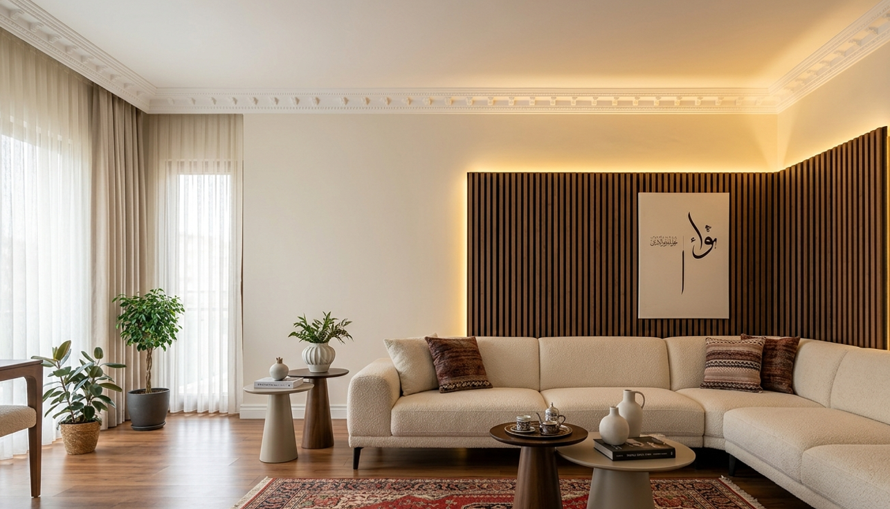 Modern duvar tasarımı — poliüretan çıta, akustik ahşap panel ve gizli LED aydınlatmalı salon örneği