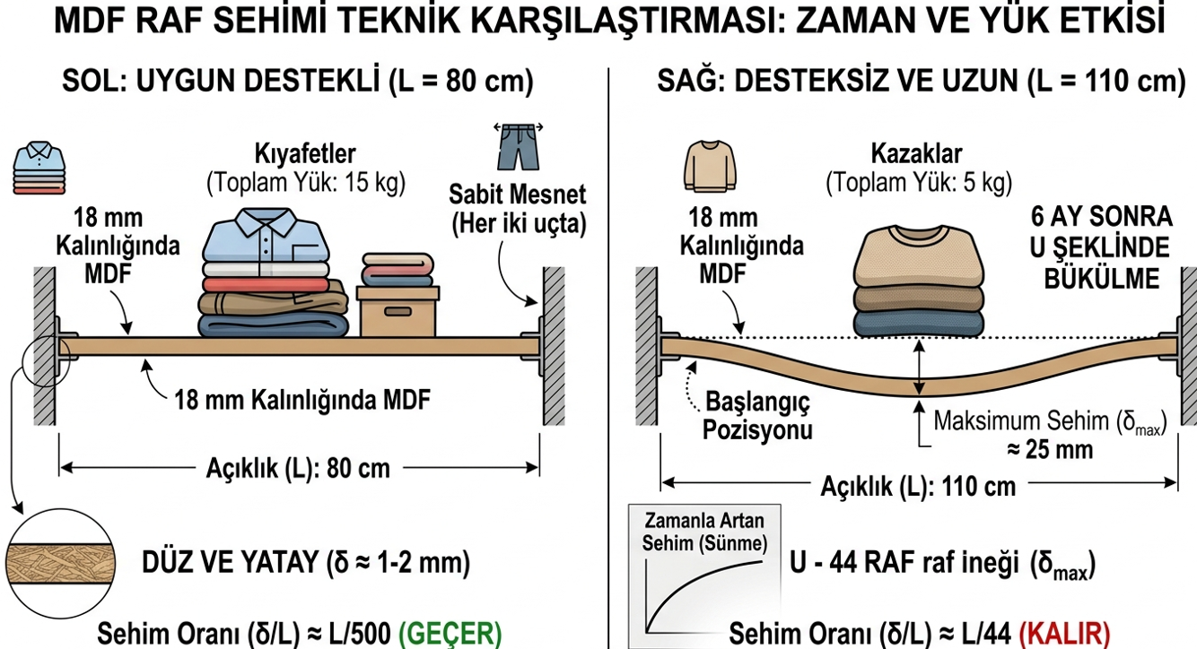 MDF raf bel vermesi — desteksiz uzun raf ve kıyafet ağırlığı altında U şekli deformasyon görseli