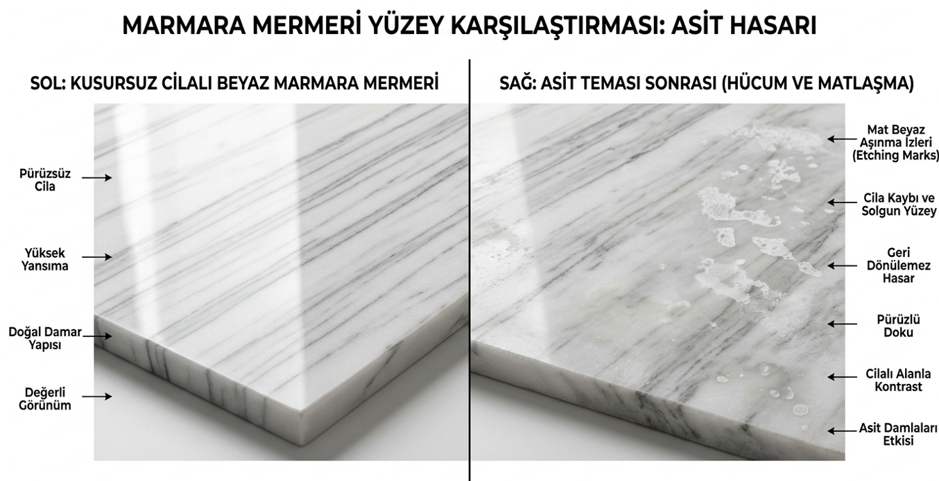 Mermer yüzeyde asit hasarı — kireç sökücü teması sonrası mat leke ve renk kaybı yakın çekim