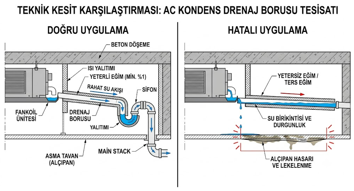Klima drenaj borusu doğru eğim ve sifon detayı — yanlış eğimli boru asma tavanda su birikmesi ve alçıpan hasarı karşılaştırması
