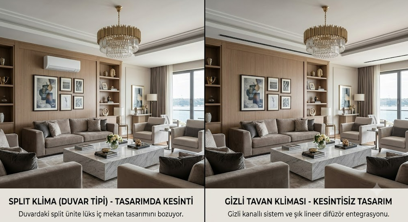 Gizli tavan tipi klima ile duvar tipi split klima karşılaştırması — lineer menfez ve asma tavan içine gizlenmiş cihaz detayı