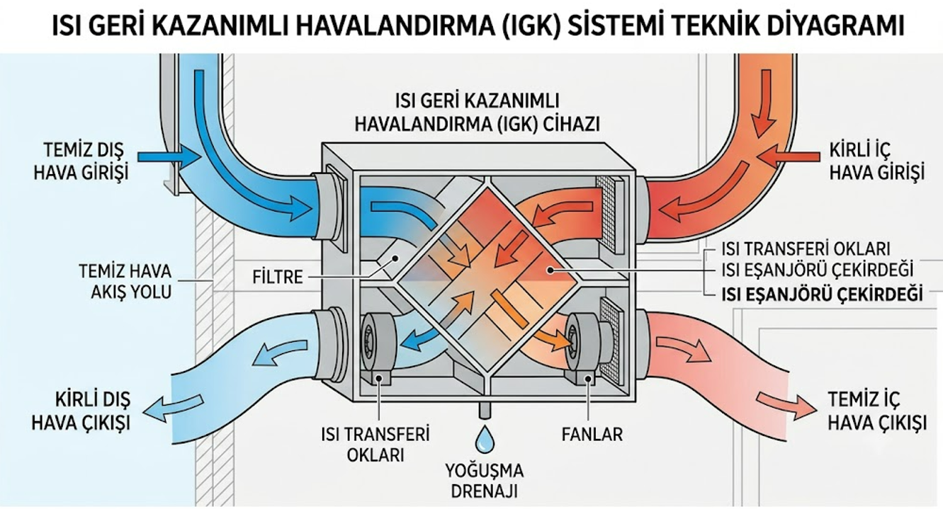 HRV ısı geri kazanımlı taze hava cihazı çalışma diyagramı — dışarıdan temiz hava alımı ve içeriden çıkan havanın ısısının geri kazanılması