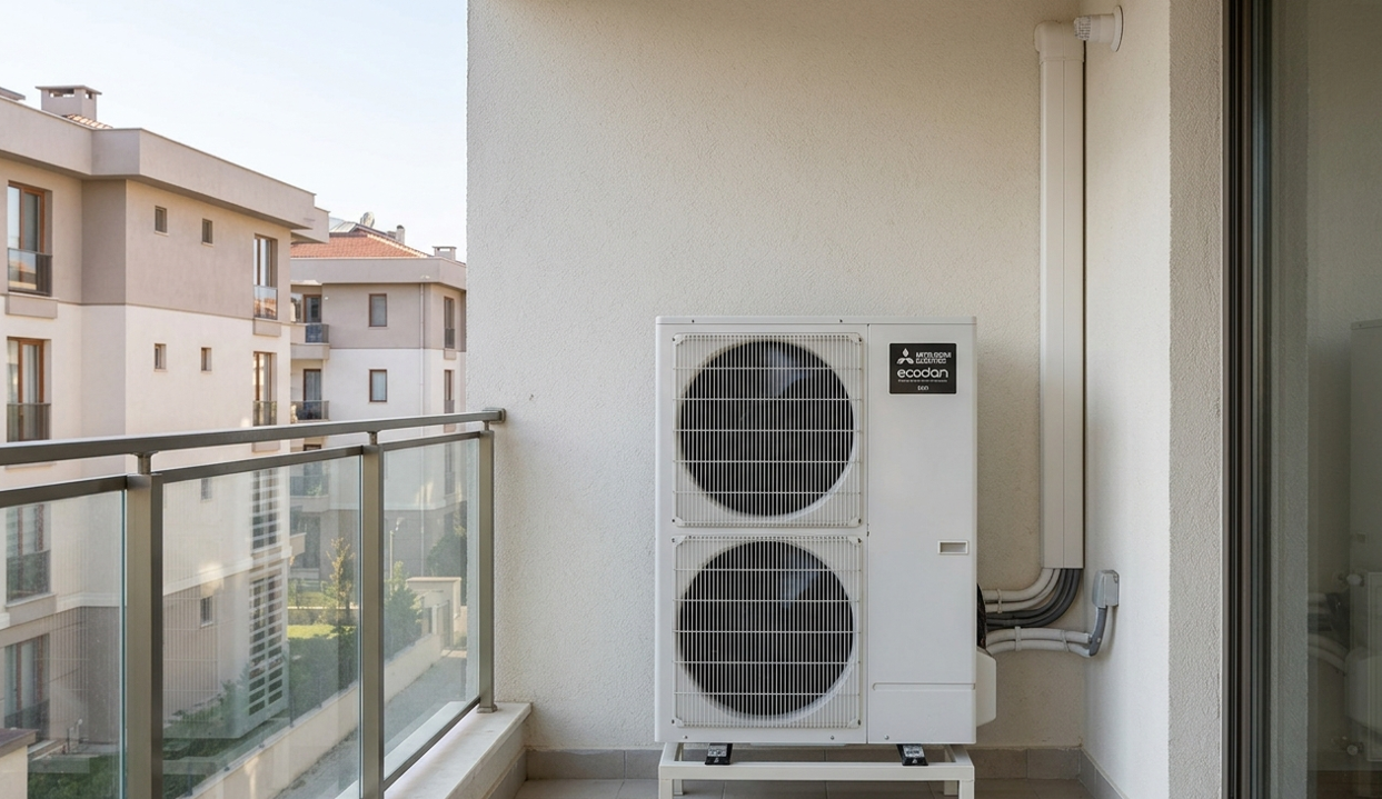 Daikin Altherma havadan suya ısı pompası dış ünite — bahçede veya balkonda montaj, split sistem örneği