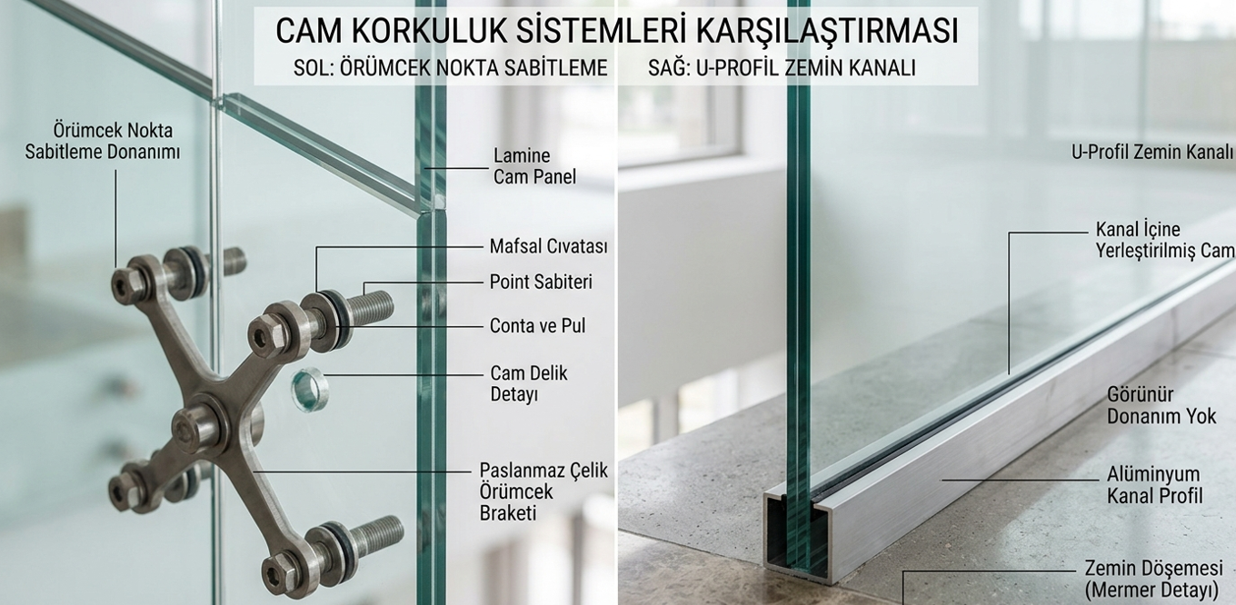 Cam korkuluk sistemleri karşılaştırması — Spider noktasal tutucular ve U profil zemin gömme sistemi montaj detayı