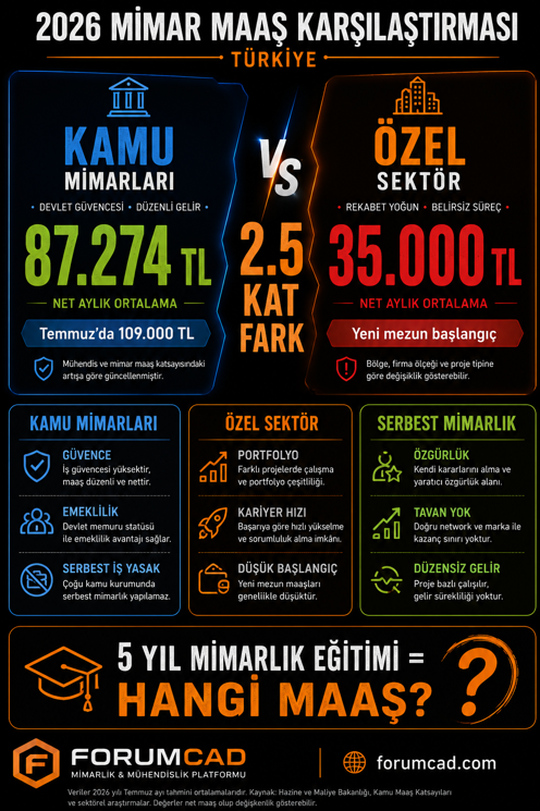 Mimar maaşı 2026 — kamu mimarı ile özel sektör mimar maaşı karşılaştırma tablosu, mimarlık eğitiminin geri dönüş analizi