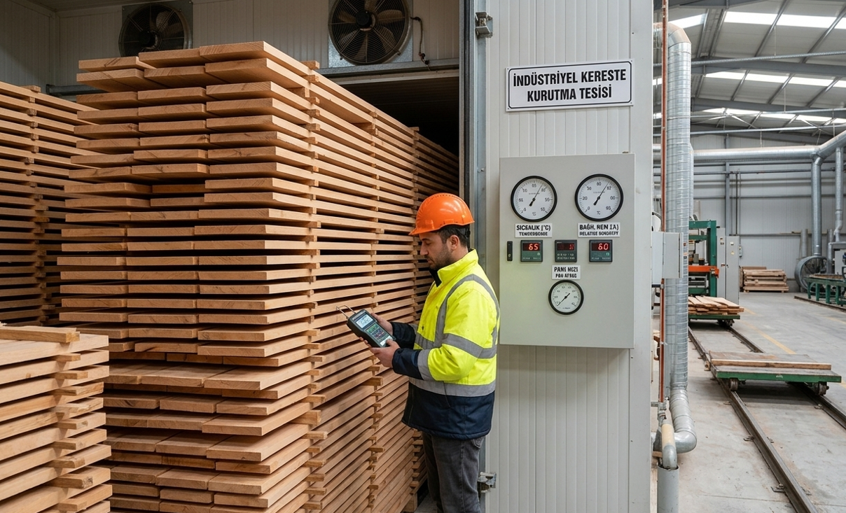 Kiln drying fırınlama tesisi — kontrollü nem ve sıcaklık ile kereste kurutma süreci, nem ölçüm cihazı gösterimi