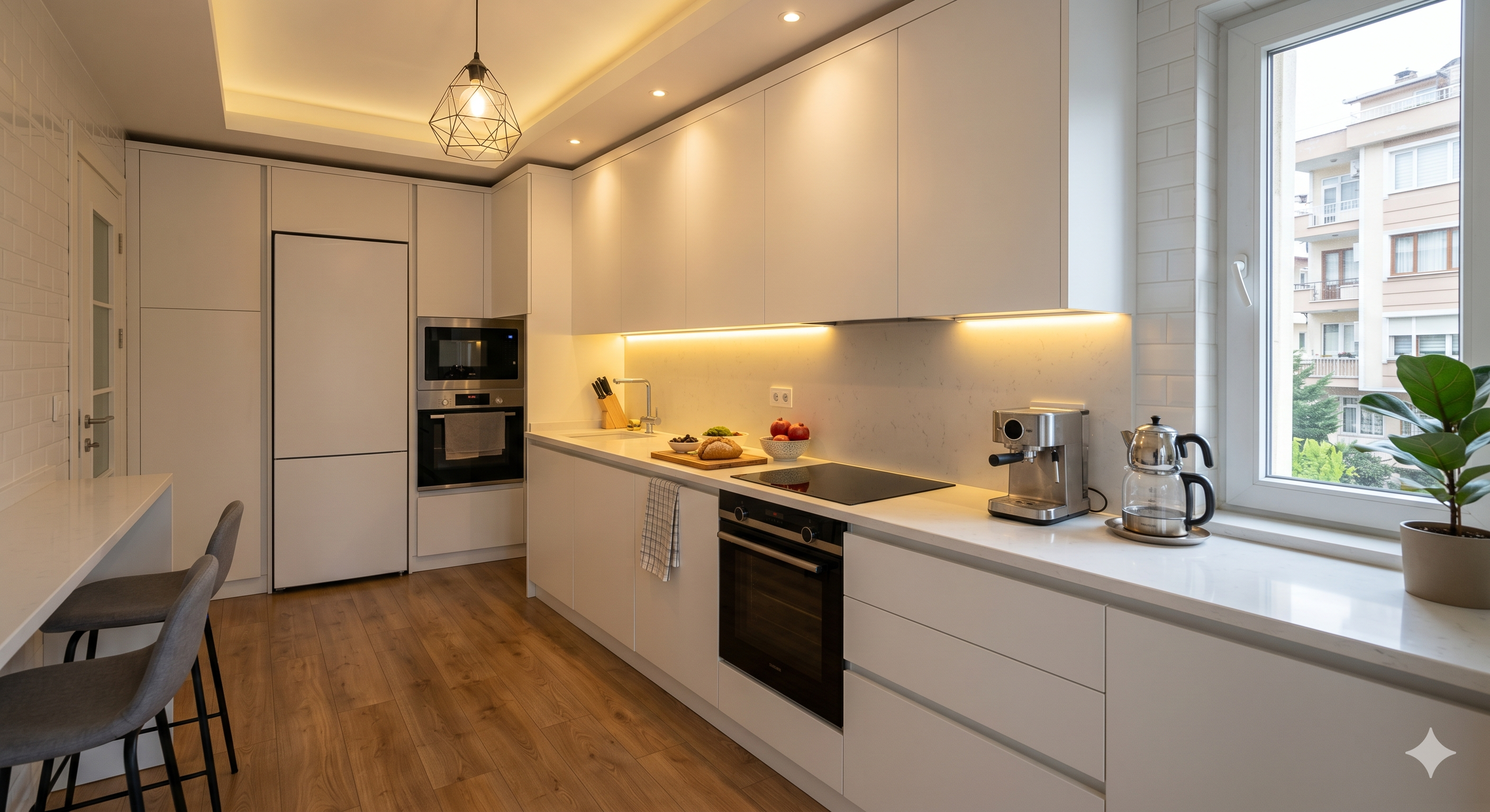 Modern mutfak tadilat 2026 beyaz handleless dolap kuvars tezgah cove LED Istanbul