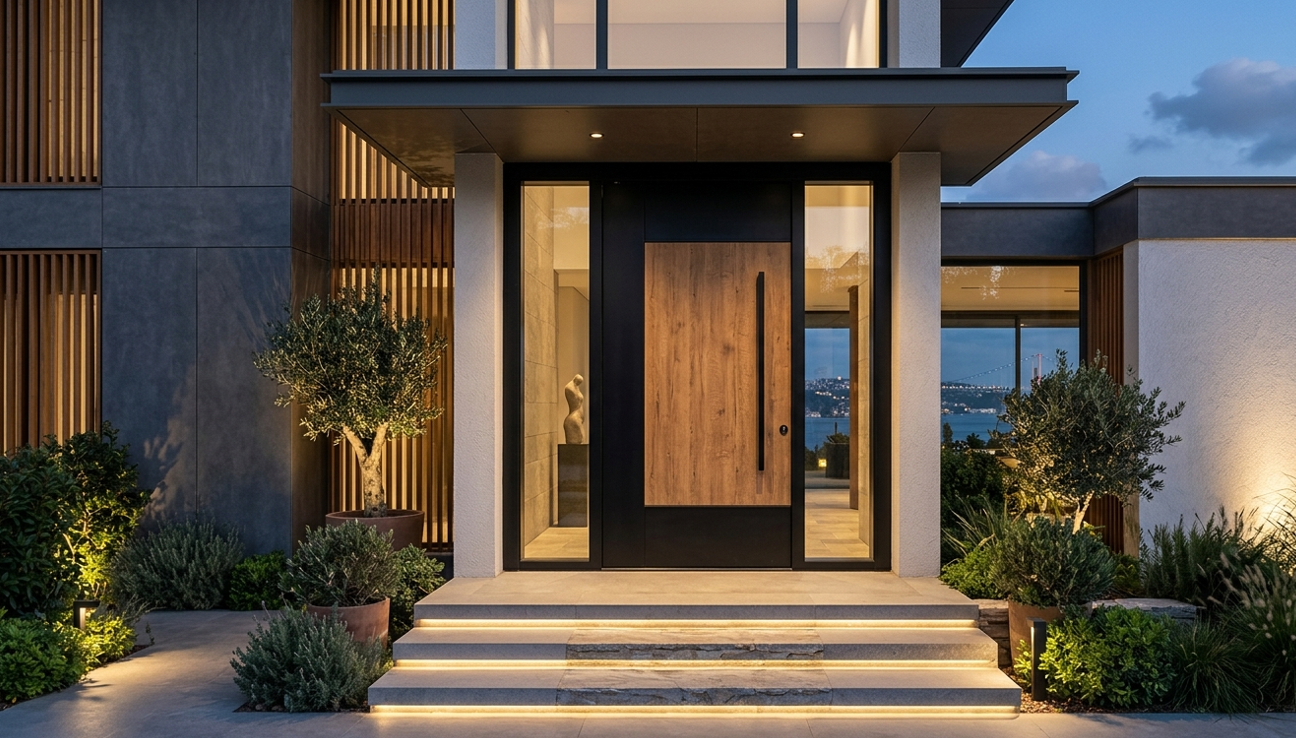 Villa lüks pivot giriş kapısı — 3 metre yüksekliğinde çelik gövde, büyük cam panel, FritsJurgens mekanizma ve akıllı kilit sistemi