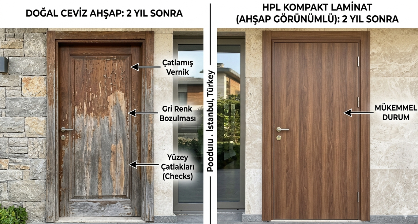 Pivot kapı kaplama seçenekleri — solda çürümüş doğal ahşap kaplama, sağda kompakt laminat ve alüminyum kaplama sağlam görünüm