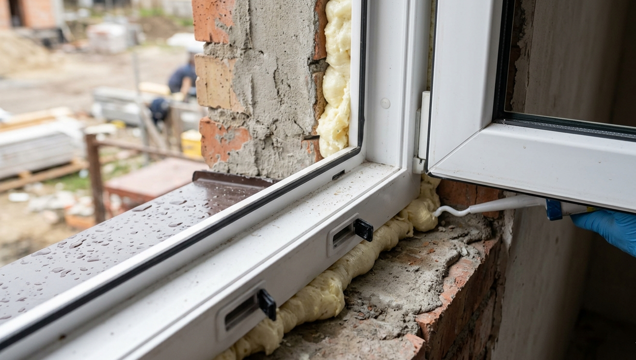 PVC pencere montaj detayı — PU köpük doldurma, iç ve dış silikon katmanları, su tahliye kanalları