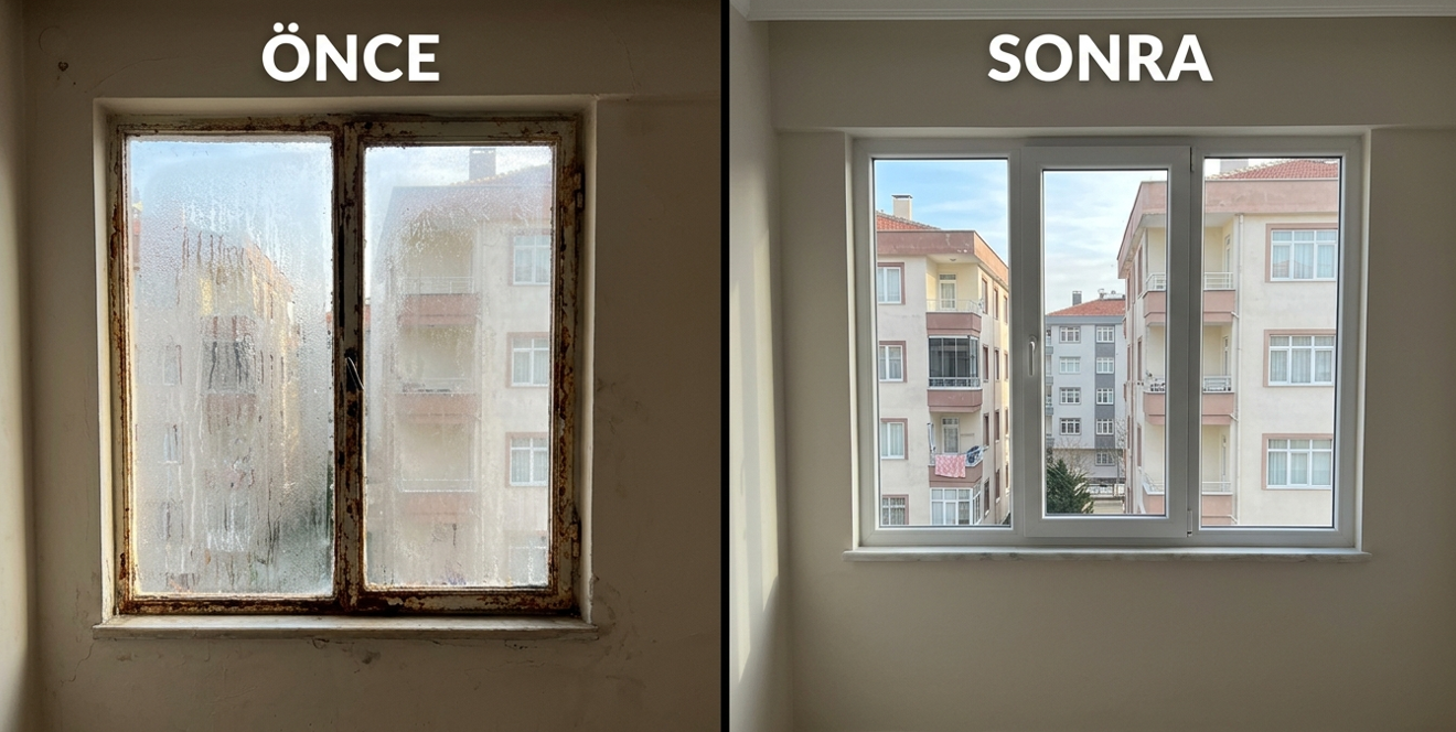 PVC pencere değişimi öncesi ve sonrası — İstanbul daire, eski demir çerçeve vs yeni beyaz PVC 70'lik seri