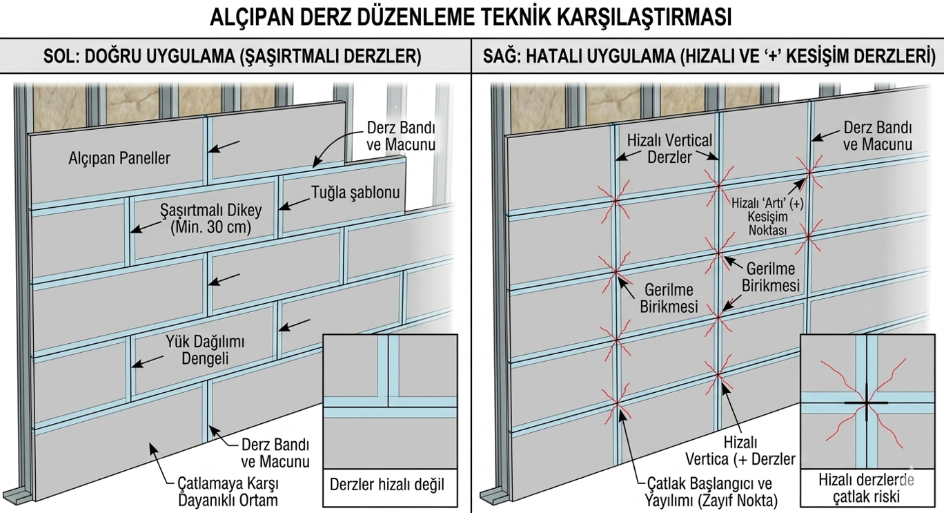 Şaşırtmalı (tuğla dizilimi) alçıpan derz düzeni ile artı şeklinde çatlamaya yol açan hatalı düz derz karşılaştırması