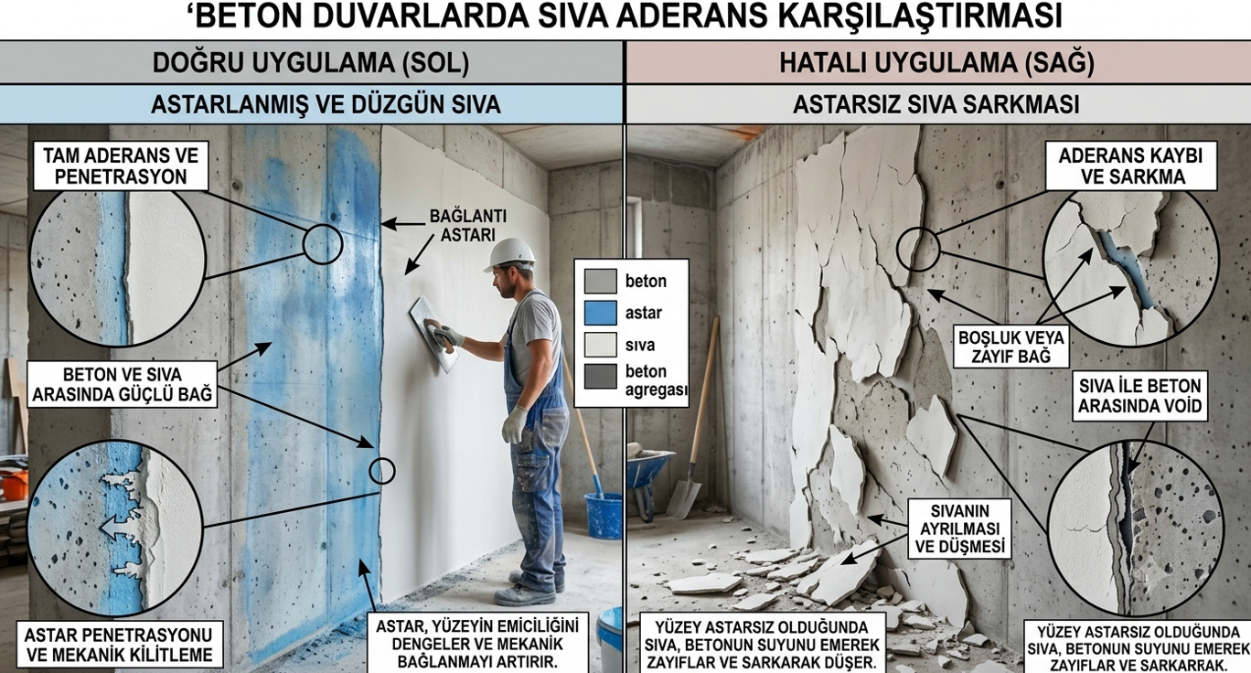 Brüt beton yüzeye sürülen aderans artırıcı astar ile astarsız direkt sıvanmış ve zamanla kalıp halinde düşen perlitli alçı sıva karşılaştırması