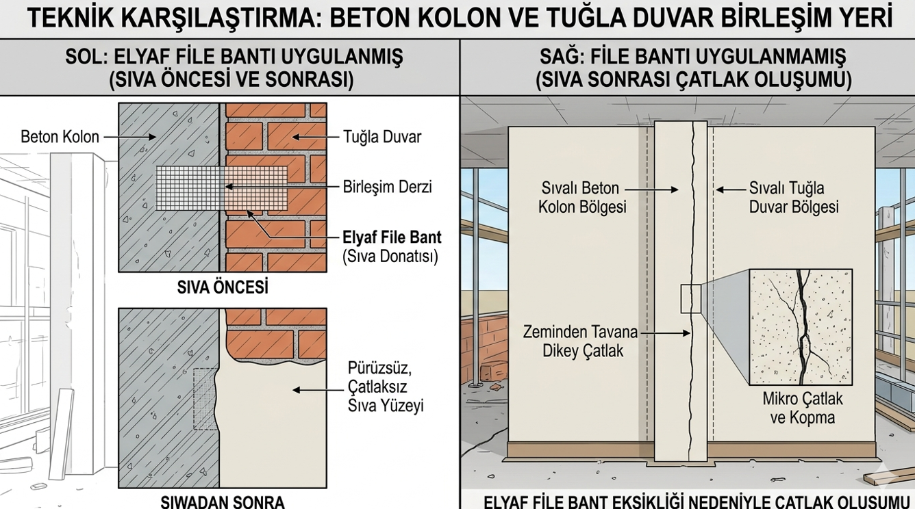 Beton kolon ile tuğla duvar birleşim yerine uygulanan alçı filesi ile filesiz bırakılıp tavandan tabana çatlayan birleşim hattı karşılaştırması
