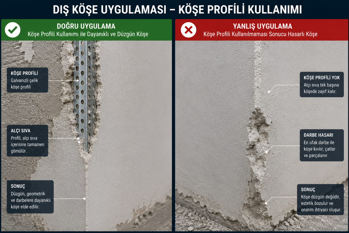 Alçı saten iç ve dış köşe profili uygulaması — çelik ve alçı fileli köşe buat detayı ve profilsiz köşe hasar karşılaştırması