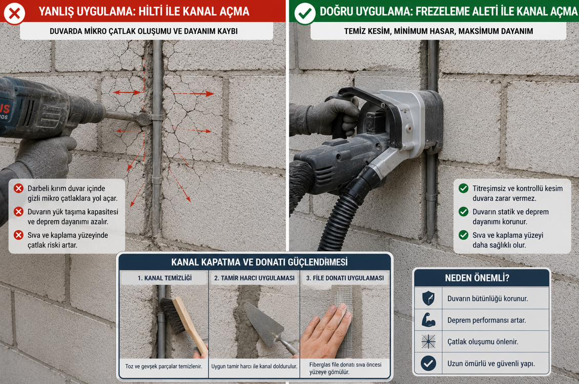 Bims duvar elektrik tesisat kanalı frezleme detayı — doğru kanal derinliği, genişlik limiti ve köşe tekniği ile güçlendirme fileyle kapatma