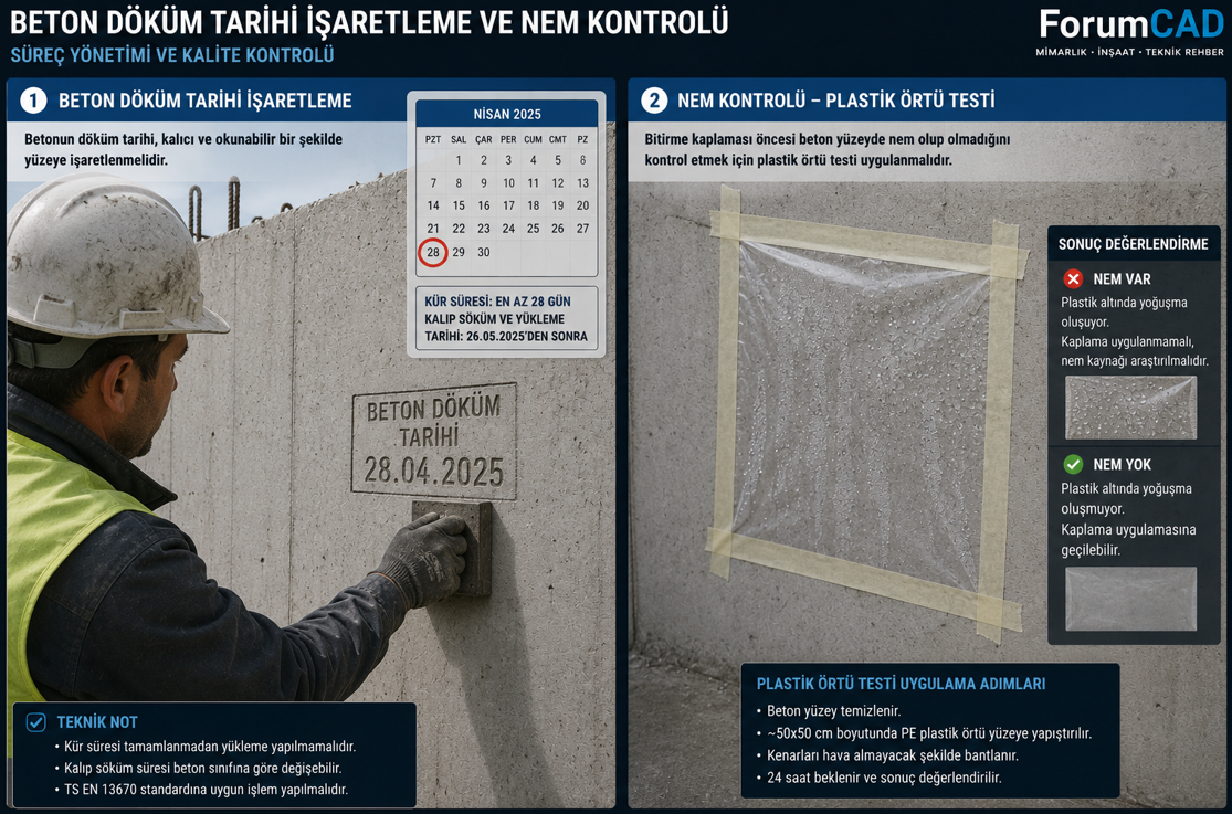 Taze beton yüzeye bitüm izolasyon uygulanamaz — beton yaşı testi ve kür süresi kontrolü