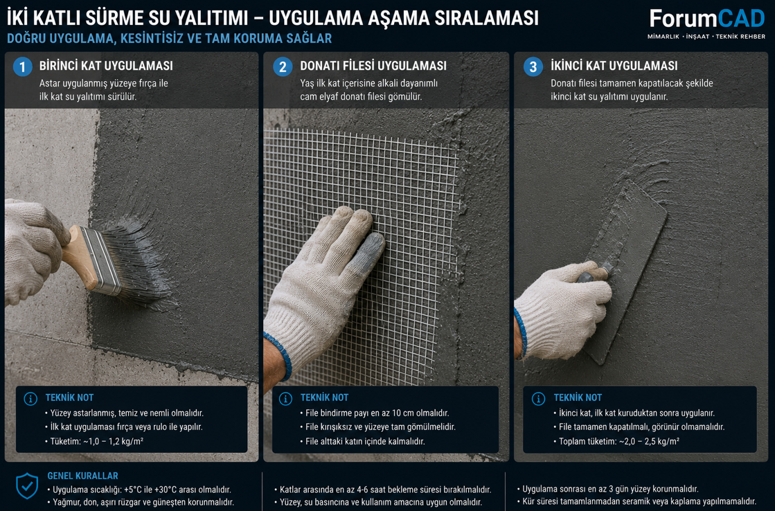 Bitüm su izolasyonu iki kat uygulaması — alkali dayanımlı cam elyaf donatı filesi gömme tekniği ve kat arası bekleme süresi