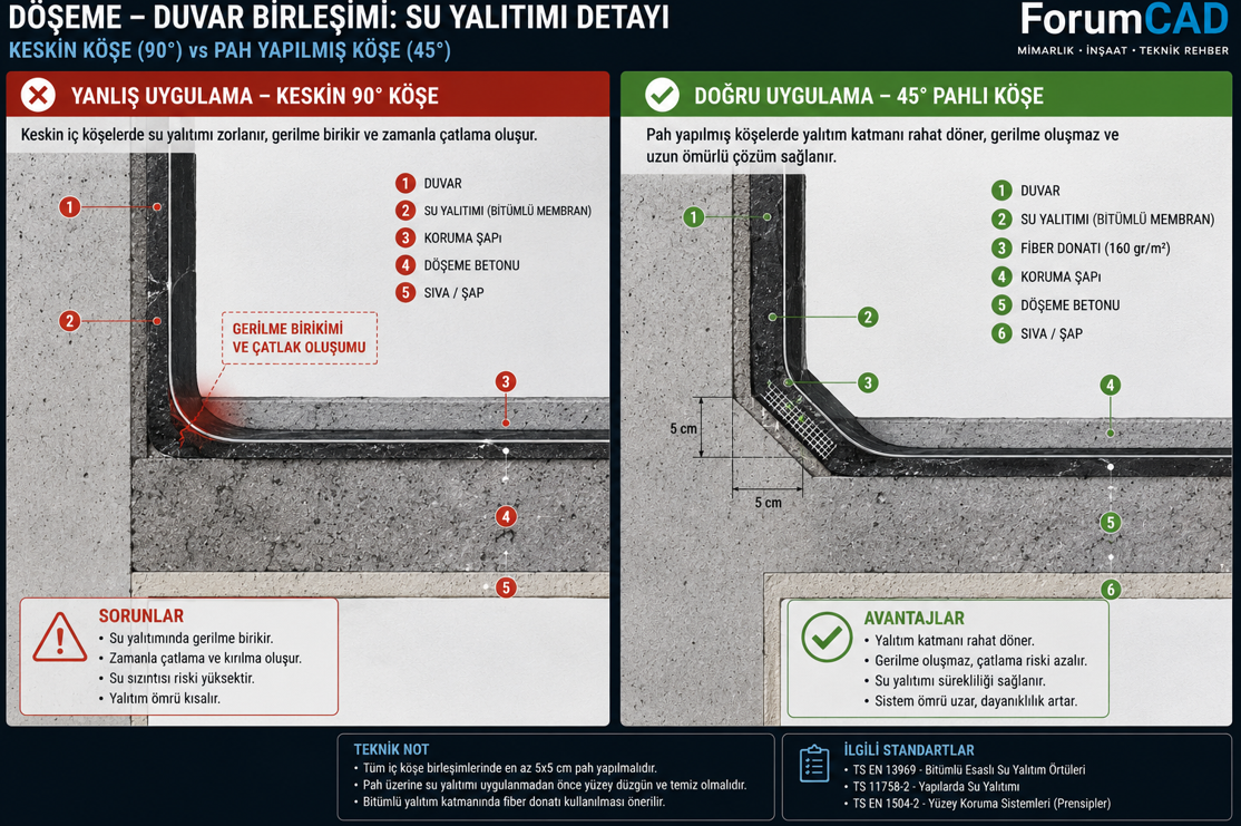 Bitüm su izolasyonunda iç köşe 5x5 cm beton pahı uygulaması — dış köşe yuvarlatma ve file yerleşimi detayı