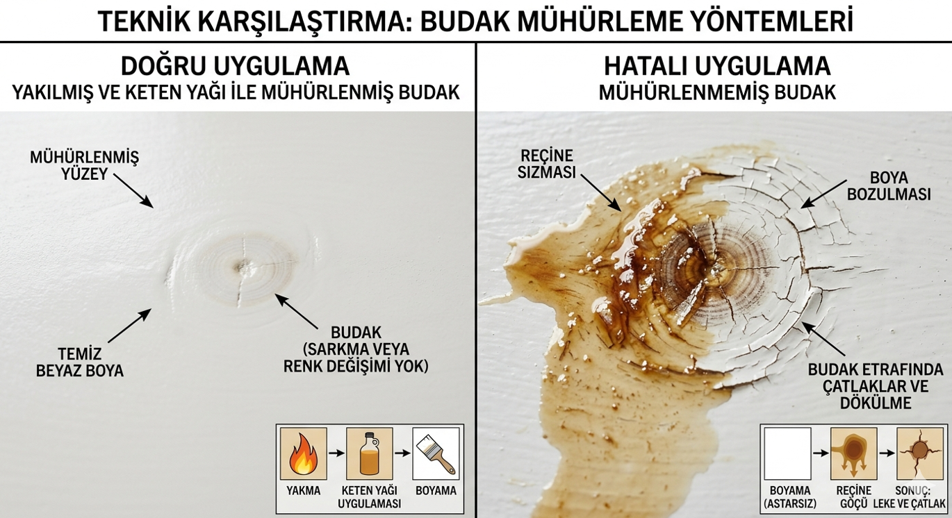 Yakılıp bezir ile tıla edilmiş ahşap budak noktası ile yakılmamış budaktan zamanla reçine sızıntısı yapan kapı yüzeyi karşılaştırması