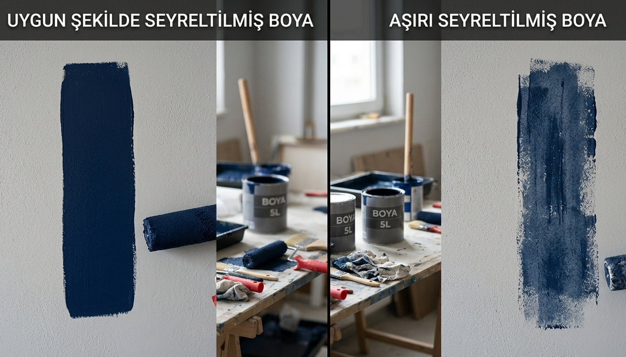 Doğru oranda sulandırılmış boya ile fazla sulandırılmış boya karşılaştırması — kapatıcılık kaybı ve tebeşirlenme detayı