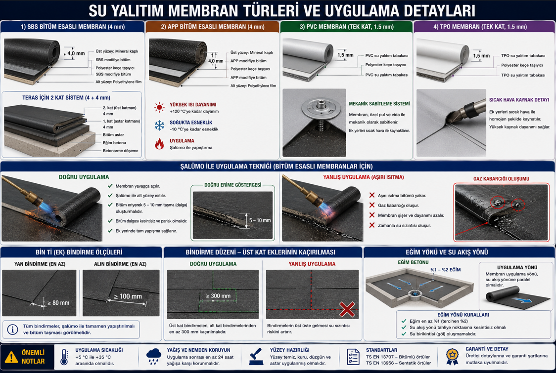 Duz cati su yalitim membrani turleri karsilastirmasi — bitumlü APP ve SBS membran kesit ozellikleri ve torc uygulamasi, PVC membran tek kat mekanik sabitleme veya yapisik, TPO membran kaynak birlesimi; membran kalilik tablosu EN 13707 sinifi ve minimum kalinlik gereksinimleri