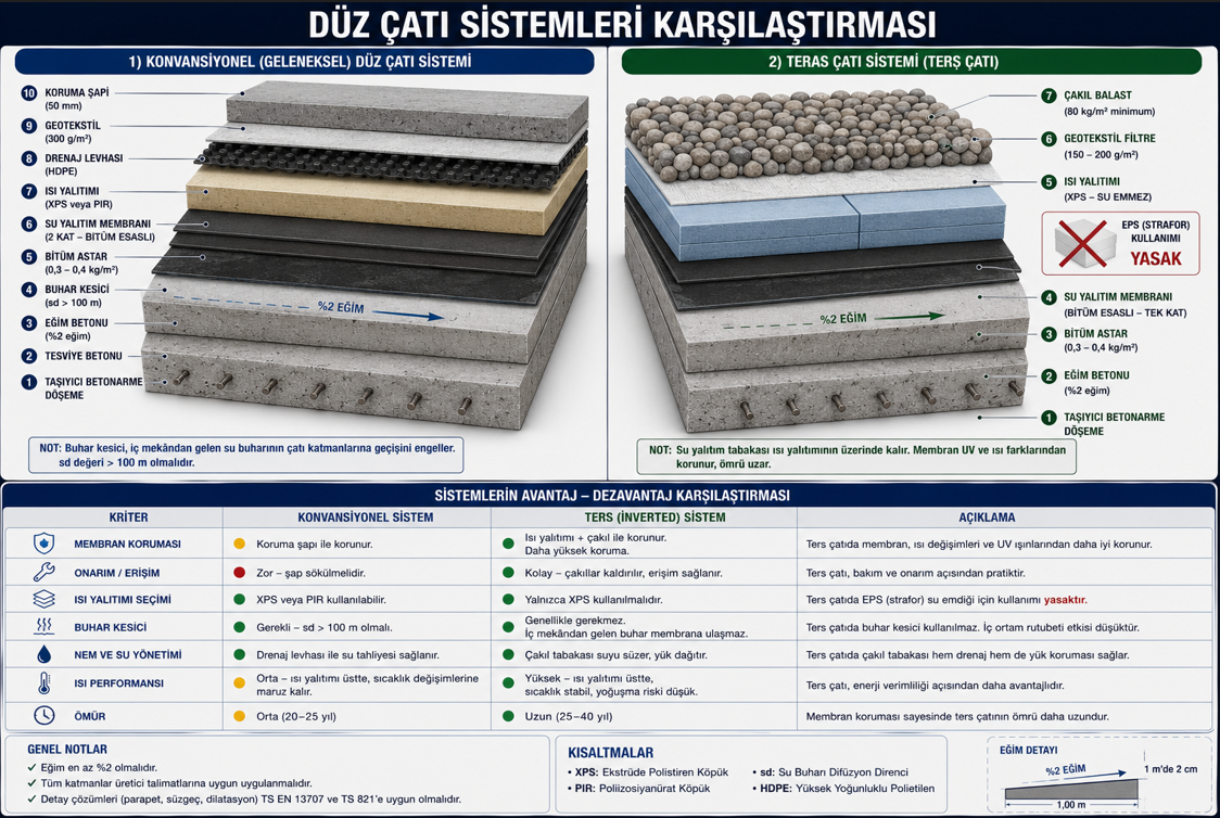 Duz cati sistem karsilastirmasi — konvansiyonel sistemde katman sirasi (beton / egim betonu / buhar bariyeri / membran / isi yalitimi / drenaj / kaplama) ve ters inverted sistemde katman sirasi (beton / egim betonu / membran / XPS / geotekstil / drenaj / balas), her sistemin avantaj ve kisit karsilastirmasi