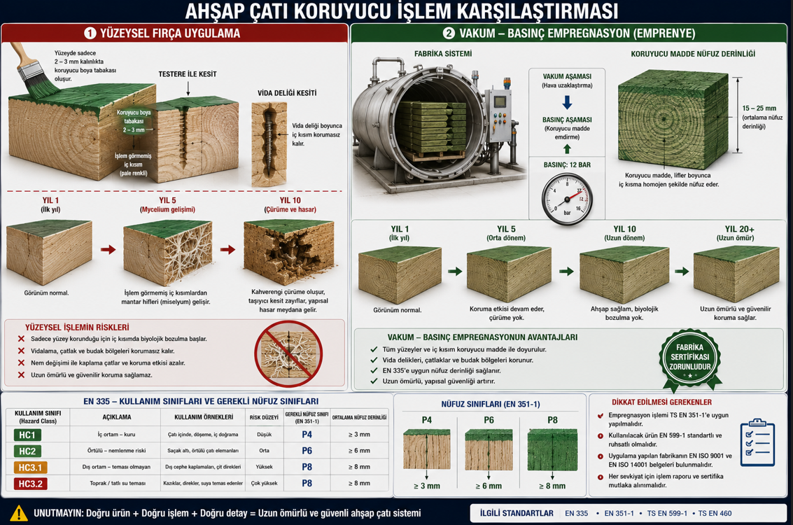 Ahsap cati karkas emprenye kullanim sinifi tablosu — EN 335 hazard class HC1 ile HC3 arasindaki farklar, basincli emprenye kesit penetrasyonu ve yuzeyden surme yetersizligi mekanizmasi, mantar hasari zaman serisi