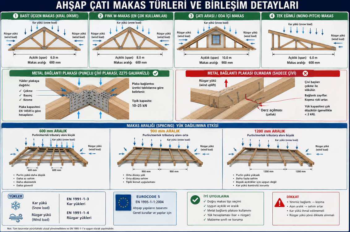 Ahsap cati makasi tipleri — ucgen makas kral dikme ile, Fink W makas web geometrisi, yüksek hacimli atik makas, mono-pitch tek egimli makas; makas dugum noktasi metal baglanti eleman detayi ve civata plakasi; makas araligi ve asik ile mertek sistematigi
