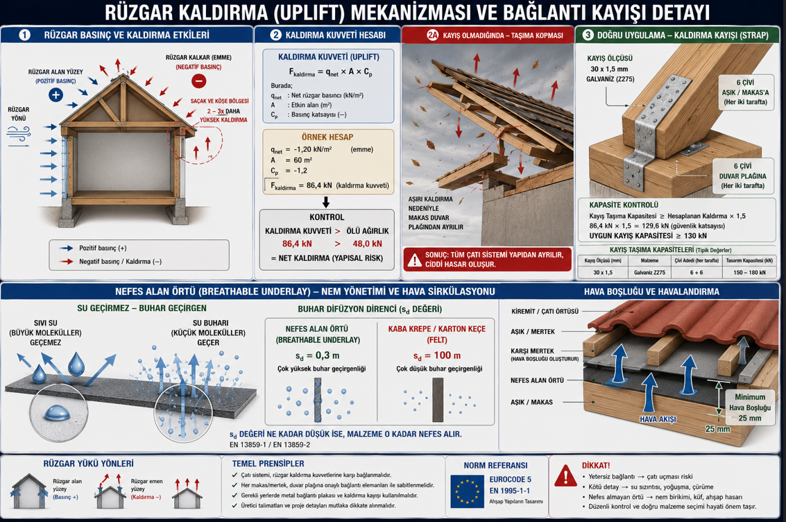 Cati karkasi ruzgar uplift mekanizmasi — ruzgar altinda cati yuzeyinde basinc ve emme kuvveti dagilimi, uplift strap olmayan mertekte kalkma hareketi ve sacak bölgesindeki maksimum emme kuvveti; dogru uplift strap detayi ve civi sayisi gereksinimleri