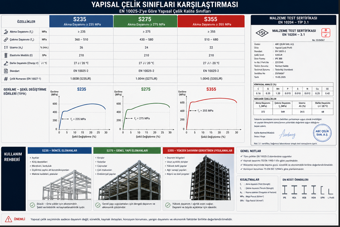 Yapısal çelik sınıfları EN 10025 — S235, S275, S355 akma dayanımı karşılaştırması ve deprem bölgesinde kullanım gereksinimleri tablosu