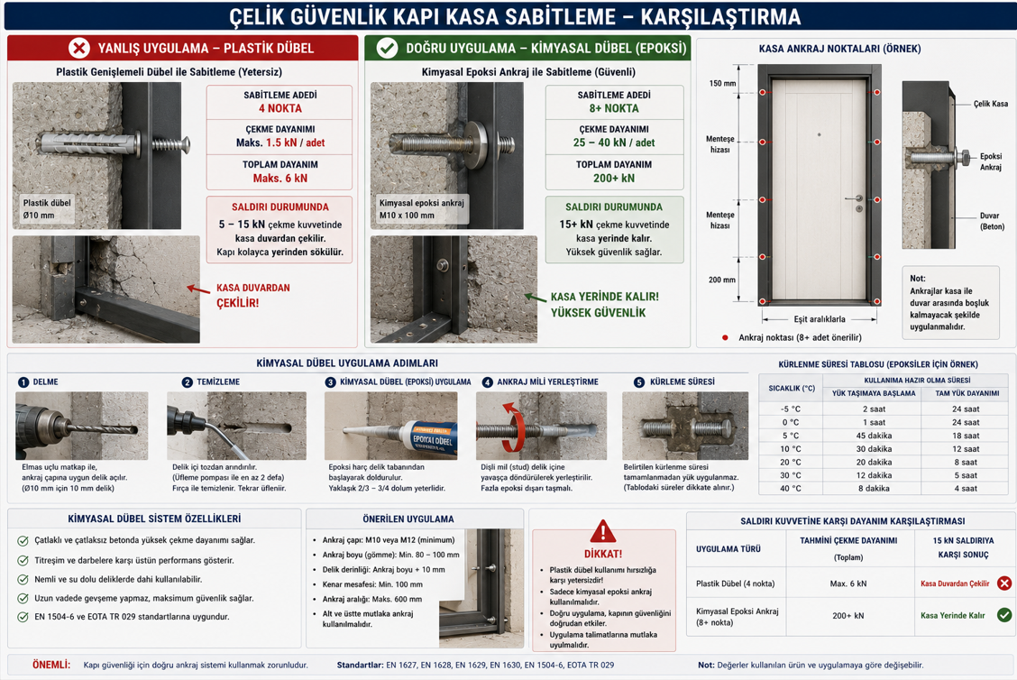 Çelik güvenlik kapısı çerçeve ankraj sistemi — yanlış plastik dübel ankraj ile doğru kimyasal ankraj karşılaştırması, ankraj konumları ve M10 vida derinlik detayı