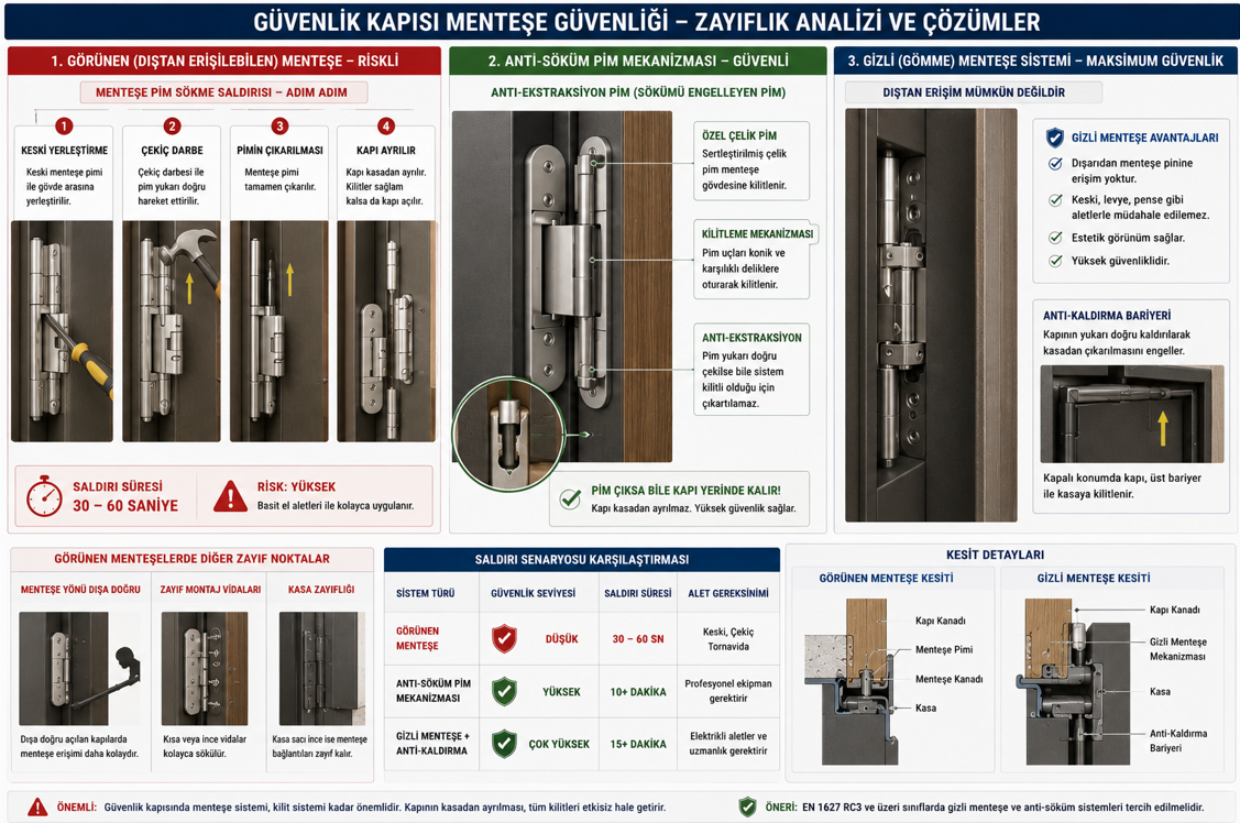 Çelik güvenlik kapısı menteşe güvenlik sistemi — dışarıdan erişilebilir standart menteşe ile gizli menteşe ve anti-lift pin karşılaştırması, menteşe pimi çekme saldırısı mekanizması