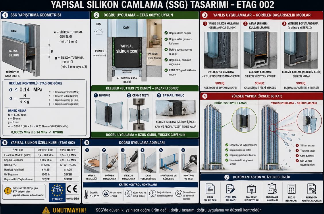 Yapısal silikon SSG bağlantı detayı — silikon kesit genişliği ve derinlik boyutlandırma parametreleri, ETAG 002 uyarınca bağ gerilmesi hesabı ve yanlış uygulama mekanizmaları