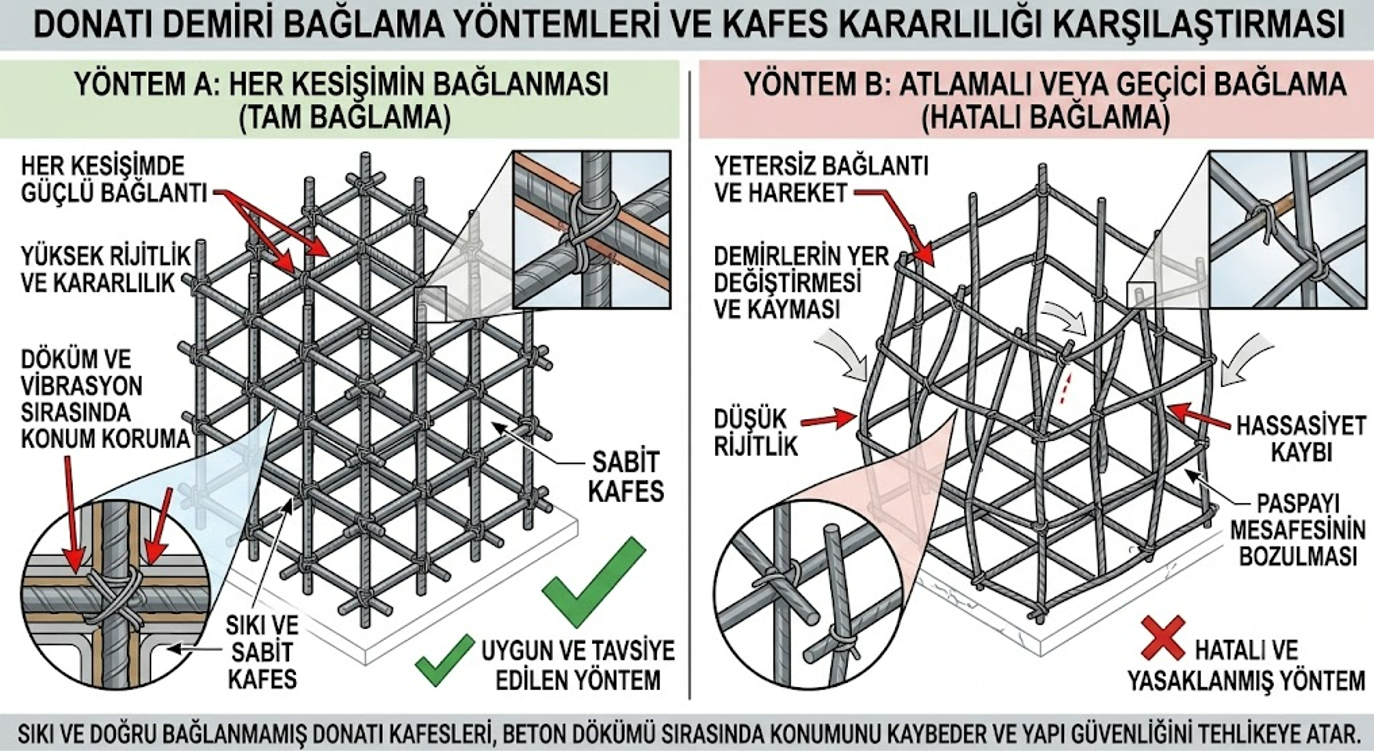 Donatı kafesi tel bağ düzeni — tüm kesişim noktalarında tam bağ ile atlamalı (bir dolu bir boş) hatalı bağlama karşılaştırması