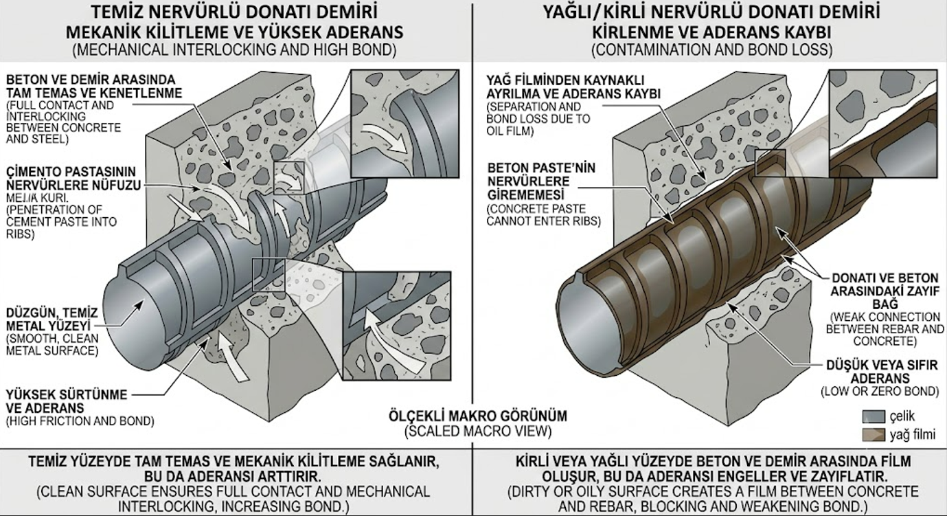 Temiz donatı yüzeyi ile kalıp yağı bulaşmış donatı yüzeyi karşılaştırması — aderans kaybı mekanizması detayı