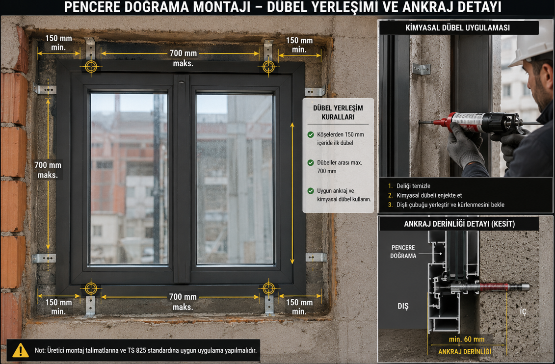 Doğrama pencere montajında ankraj konumları ve aralıkları — duvar kanalına kimyasal ankraj ile sabitlama detayı ve minimum mesafeler