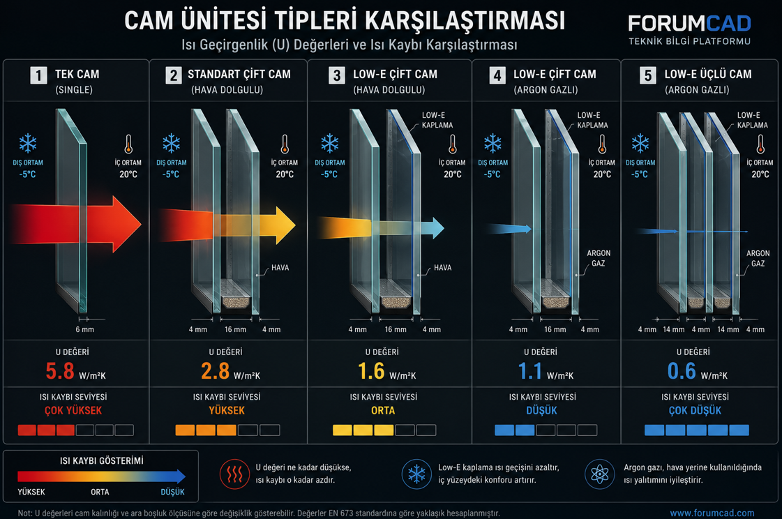 Doğrama cam paketi seçimi — LOW-E kaplamalı çift cam argon gazlı yalıtımlı birim ile tek cam ve düşük performanslı çift cam U değeri ve enerji kaybı karşılaştırması