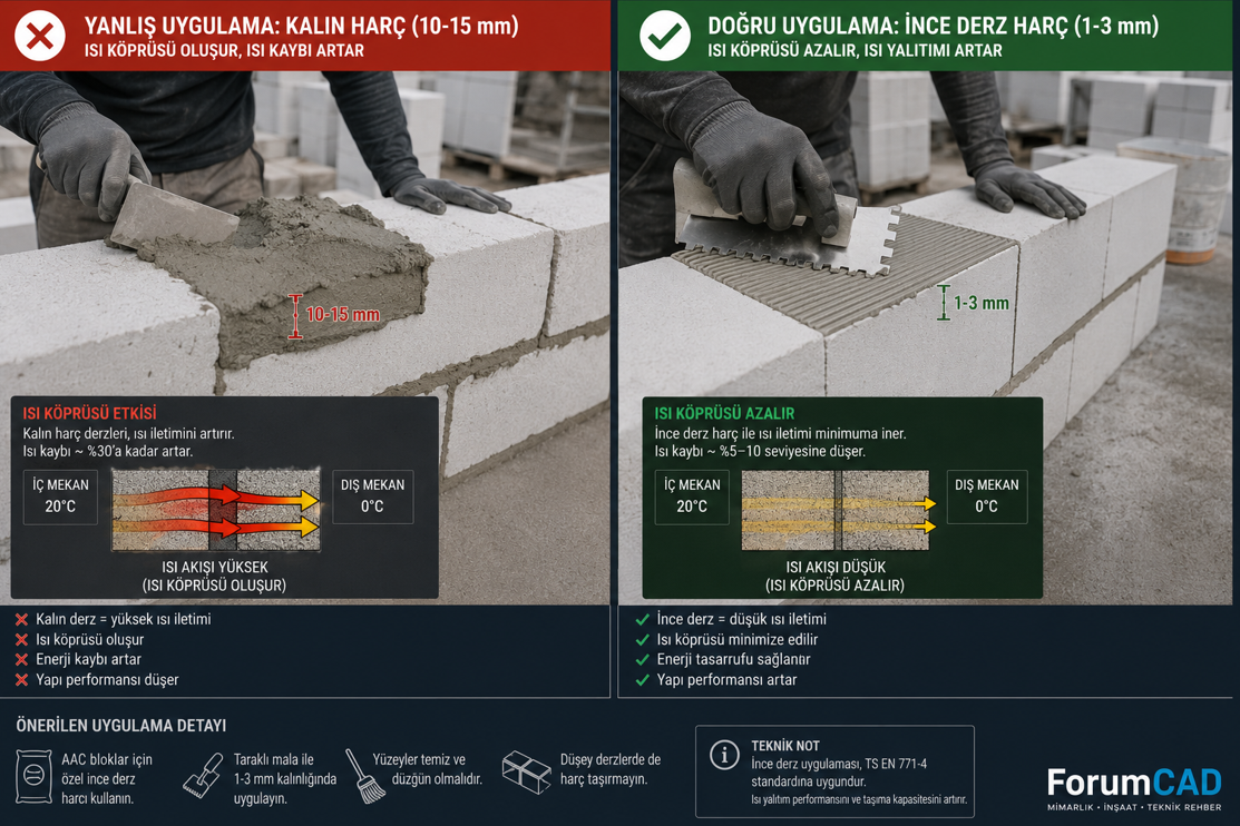 Gazbeton ince derz yapıştırıcısı uygulaması — dişli mala tekniği ile tam yüzey kaplama ve klasik harç derziyle ısıl köprü karşılaştırması