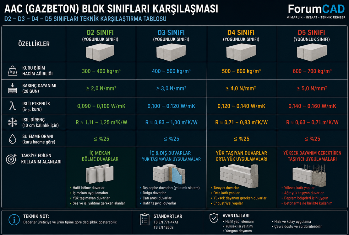 Gazbeton blok D sınıfı seçim tablosu — D2 D3 D4 basınç dayanımı, kuru yoğunluk ve kullanım alanı karşılaştırması