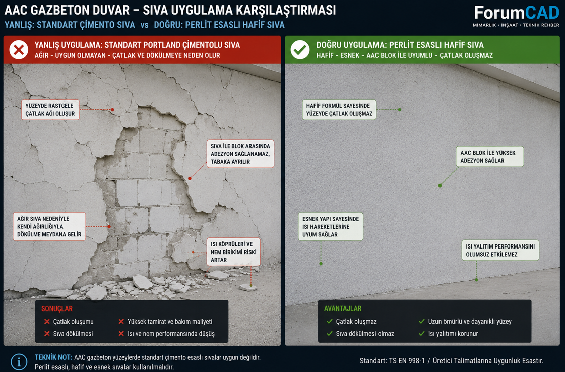 Gazbeton yüzeyine özel perlitli ince sıva uygulaması — normal çimento sıvanın büzülme çatlakları ve kalkma hasarı ile karşılaştırma